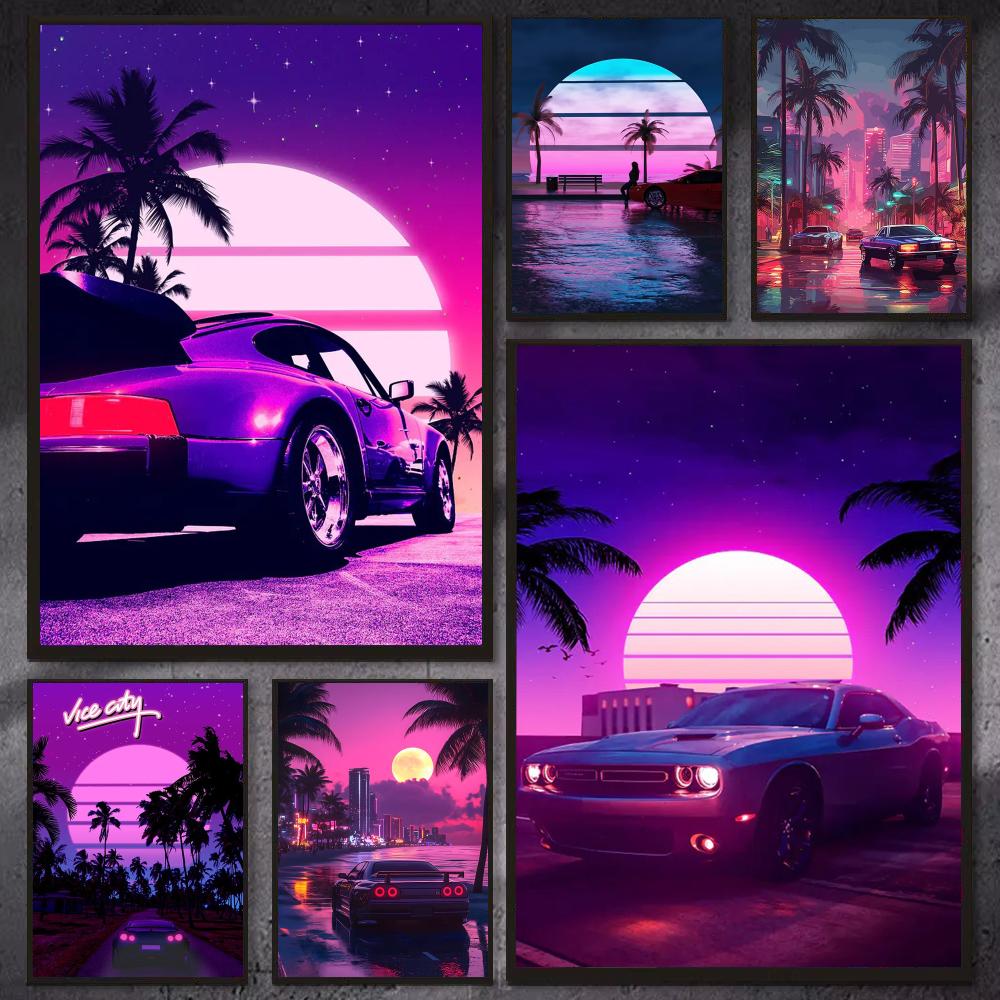 Retro Gaming Aesthetic - ملصق جداري كانفاس بتصميم سيارة سايبربانك