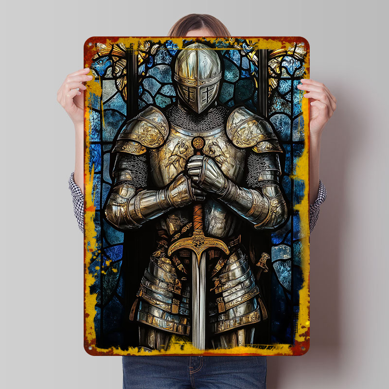 Retro Knight Gaming - لوحة معدنية بتصميم الفارس ذو الدرع